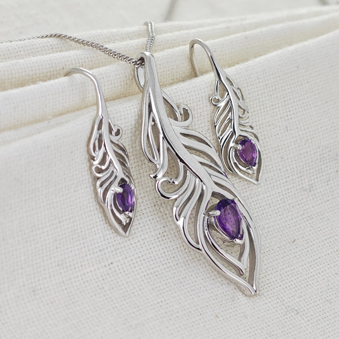 Amethyst Peacock Feather Jewellery Set in Sterling Silver