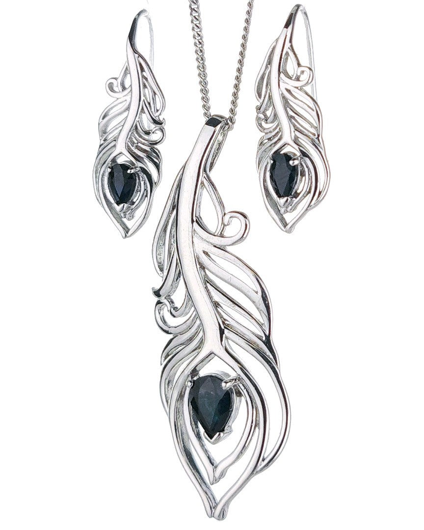 Sterling Silver Sapphire Set Statement Necklace Dangle Earrings Peacock Feather September Birthstone