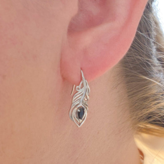 Sterling Silver Sapphire Set Statement Necklace Dangle Earrings Peacock Feather September Birthstone