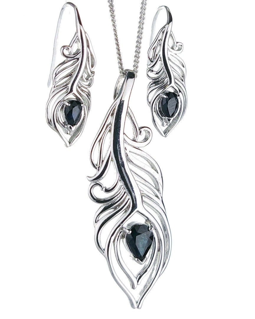 Sterling Silver Sapphire Set Statement Necklace Dangle Earrings Peacock Feather September Birthstone