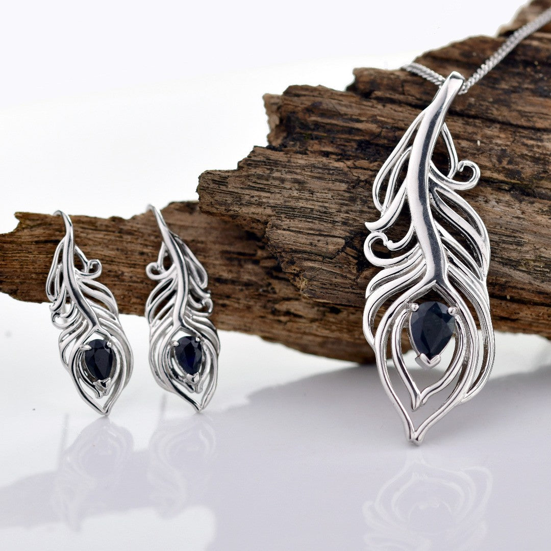 Sterling Silver Sapphire Set Statement Necklace Dangle Earrings Peacock Feather September Birthstone