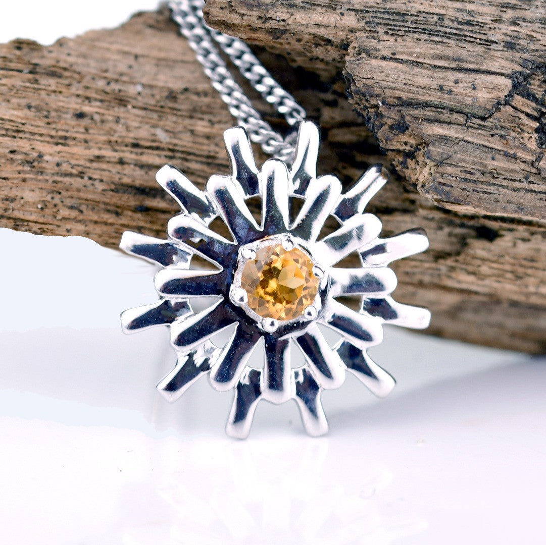 Sterling Silver Citrine Sun Necklace Yellow Pendant November Birthstone