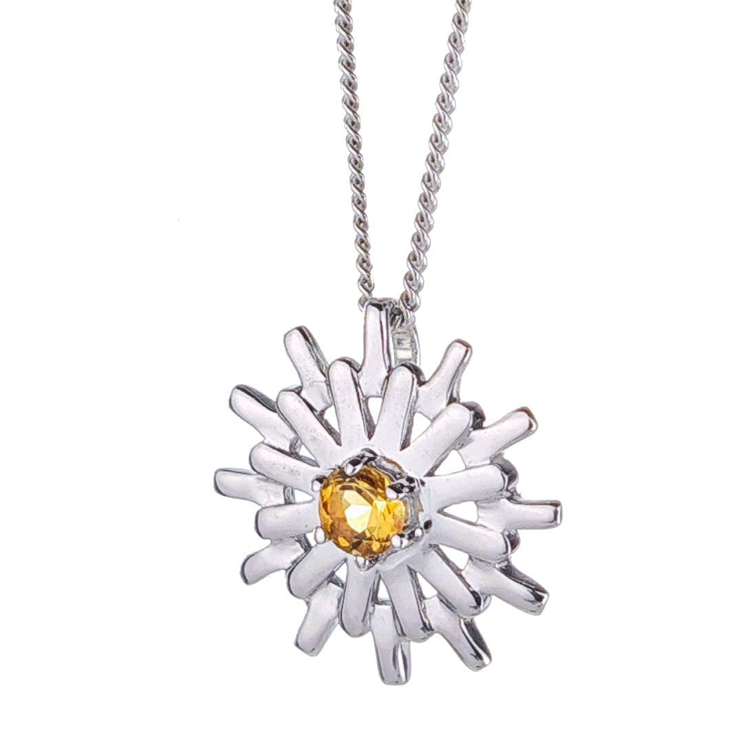 Sterling Silver Citrine Sun Necklace Yellow Pendant November Birthstone
