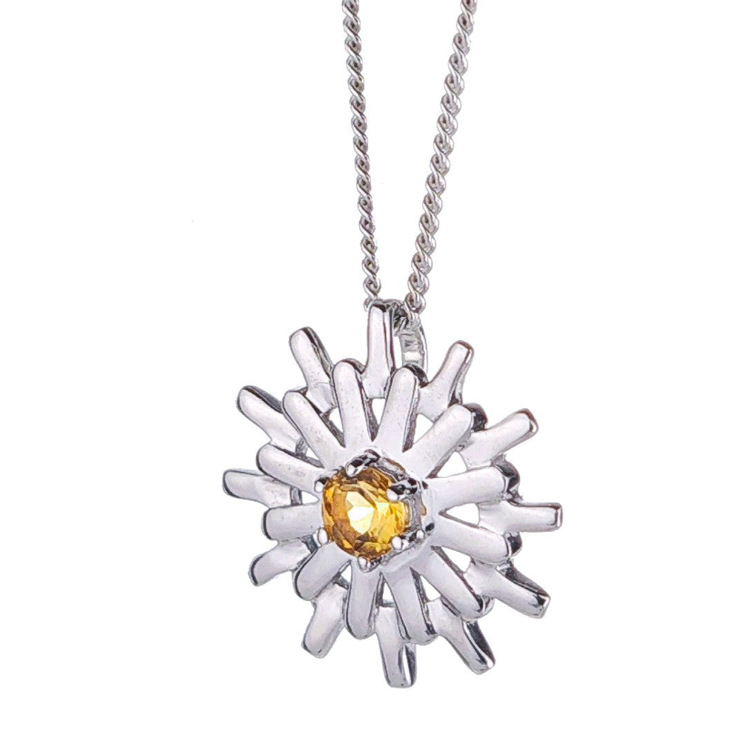 Sterling Silver Citrine Sun Necklace Yellow Pendant November Birthstone