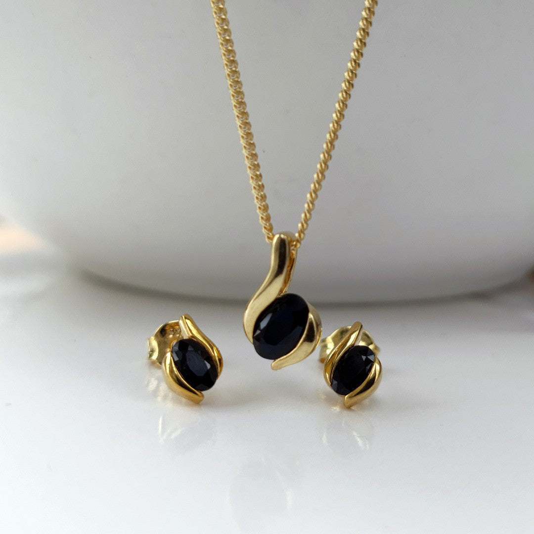 Sapphire Set Necklace Stud Earrings Gold Plated Sterling Silver