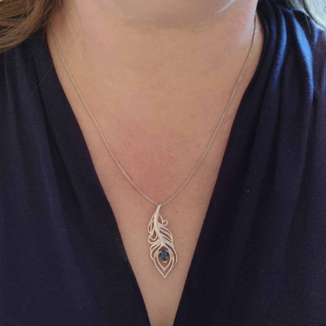 London Blue Topaz Necklace Peacock Feather Pendant Sterling Silver Boxed Gift