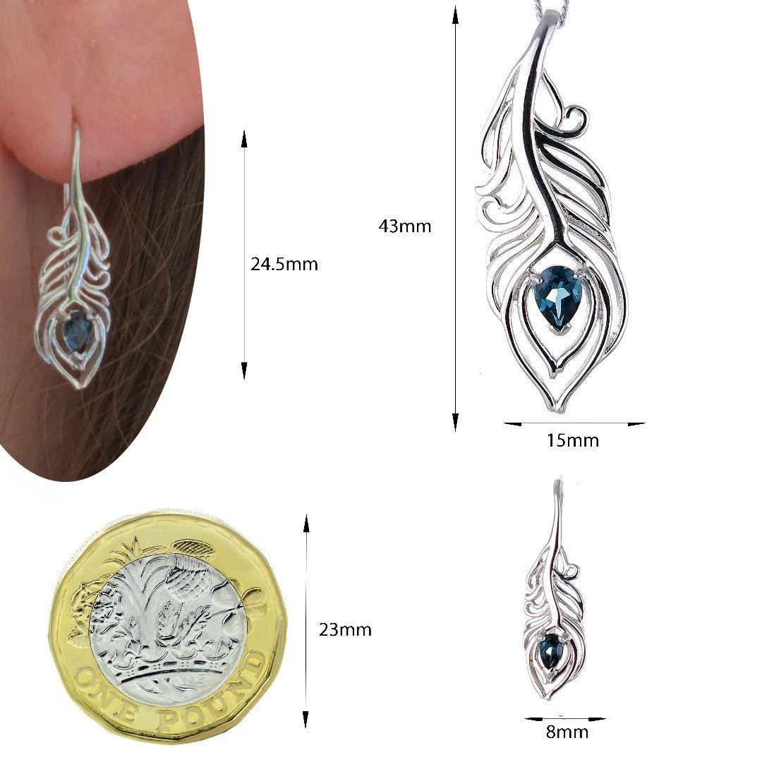 London Blue Topaz Necklace Peacock Feather Pendant Sterling Silver Boxed Gift
