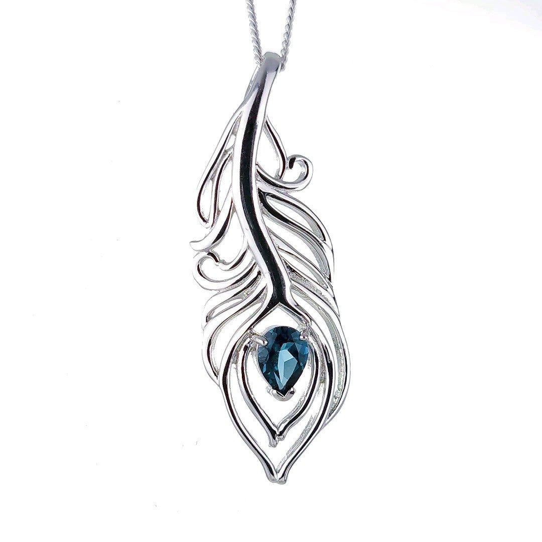London Blue Topaz Necklace Peacock Feather Pendant Sterling Silver Boxed Gift