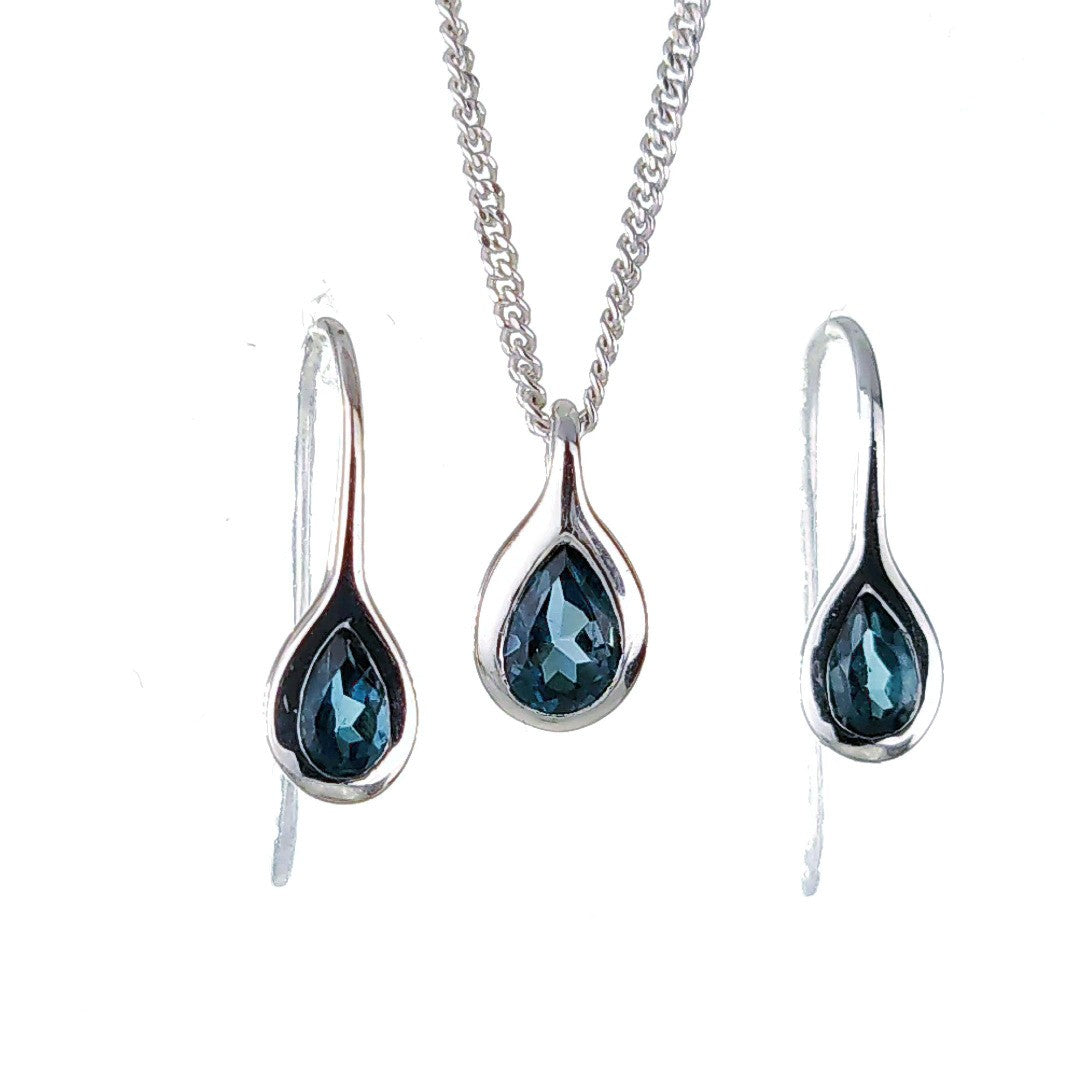 topaz necklace earring set 1ct pear london blue sterling silver boxed gift designed in the UK