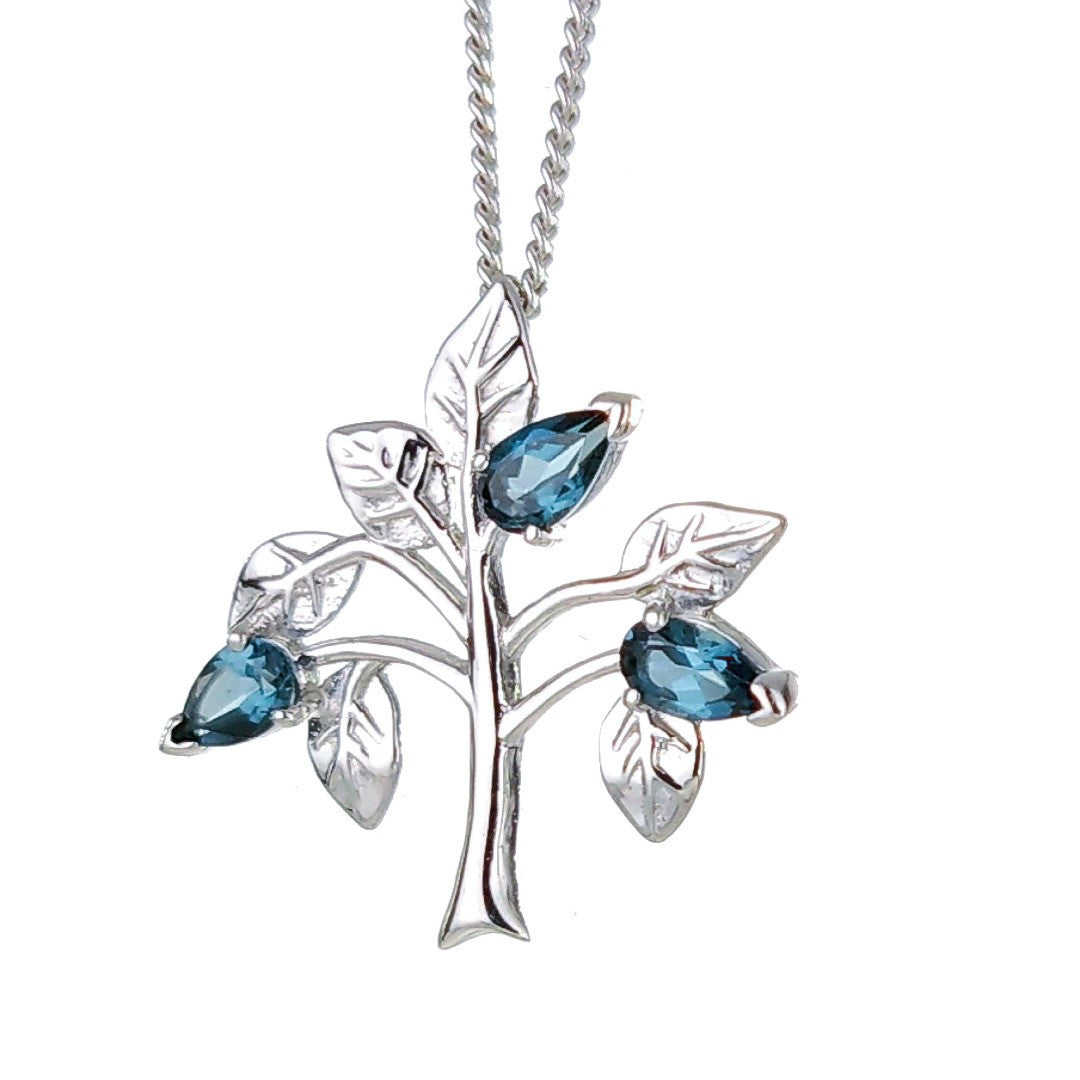Topaz Necklace 0.75ct Pear London Blue Tree of Life Pendant Sterling Silver