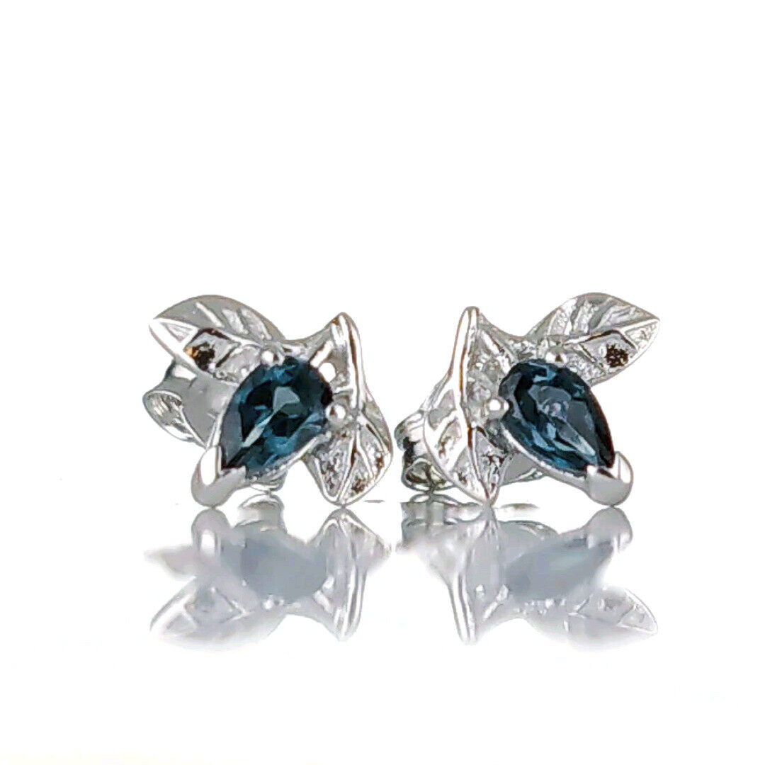 London Blue Topaz Leaf Stud Earrings Sterling Silver Personalised Gift