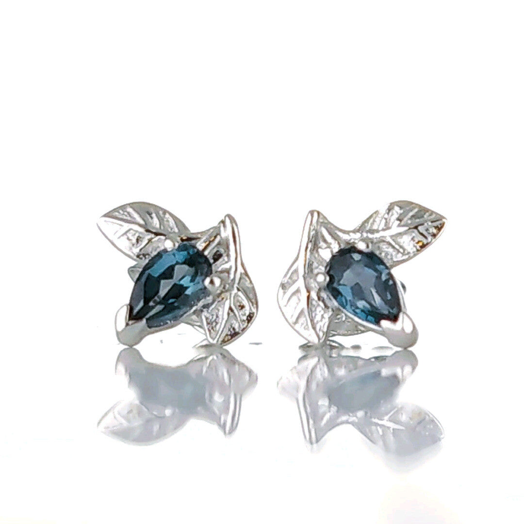 London Blue Topaz Leaf Stud Earrings Sterling Silver Personalised Gift