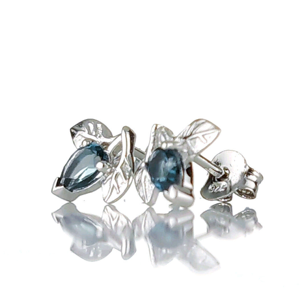 London Blue Topaz Leaf Stud Earrings Sterling Silver Personalised Gift