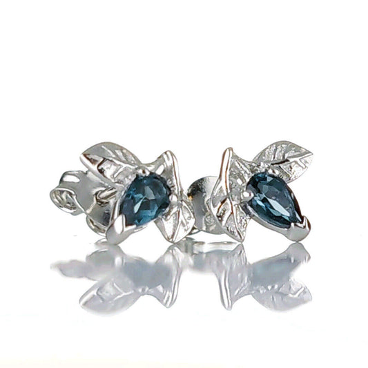 London Blue Topaz Leaf Stud Earrings Sterling Silver Personalised Gift