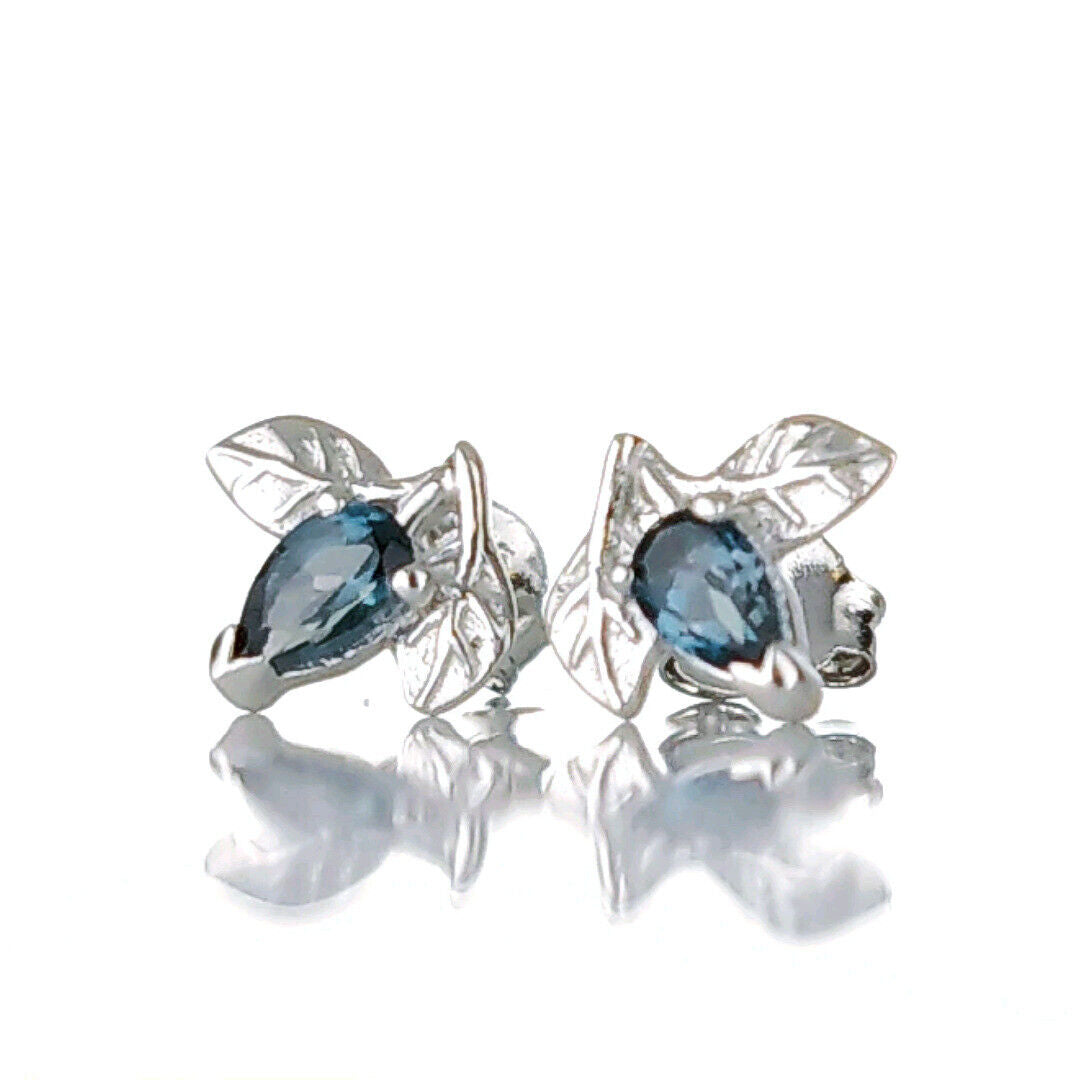 London Blue Topaz Leaf Stud Earrings Sterling Silver Personalised Gift