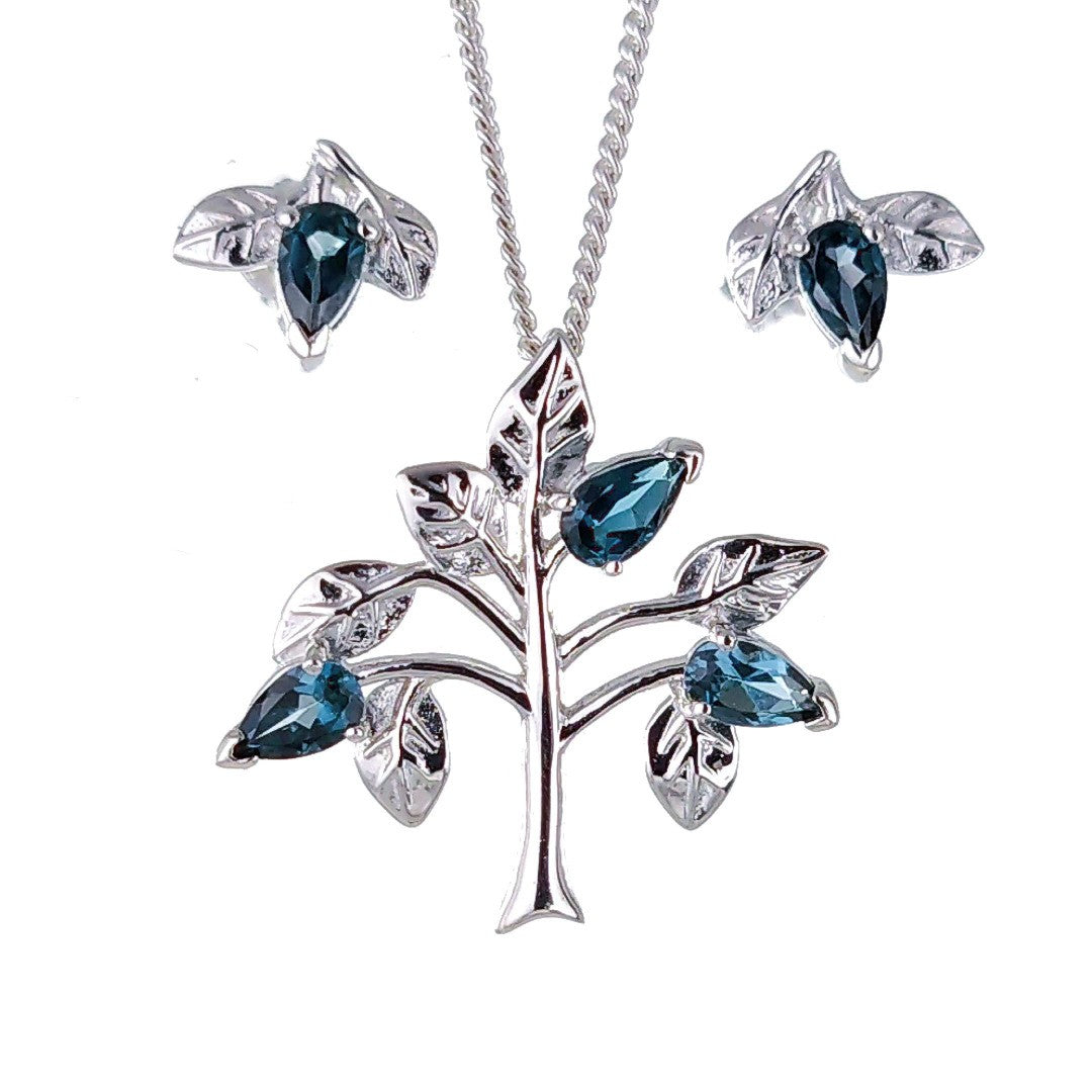 topaz necklace earring set 1.25ct pear london blue tree of life leaves sterling silver designed in the UK