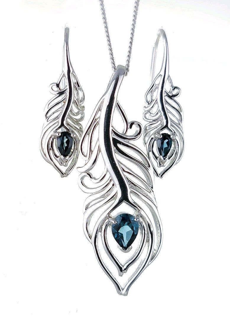 peacock feather earrings necklace set london blue topaz december birthday designed in the UK