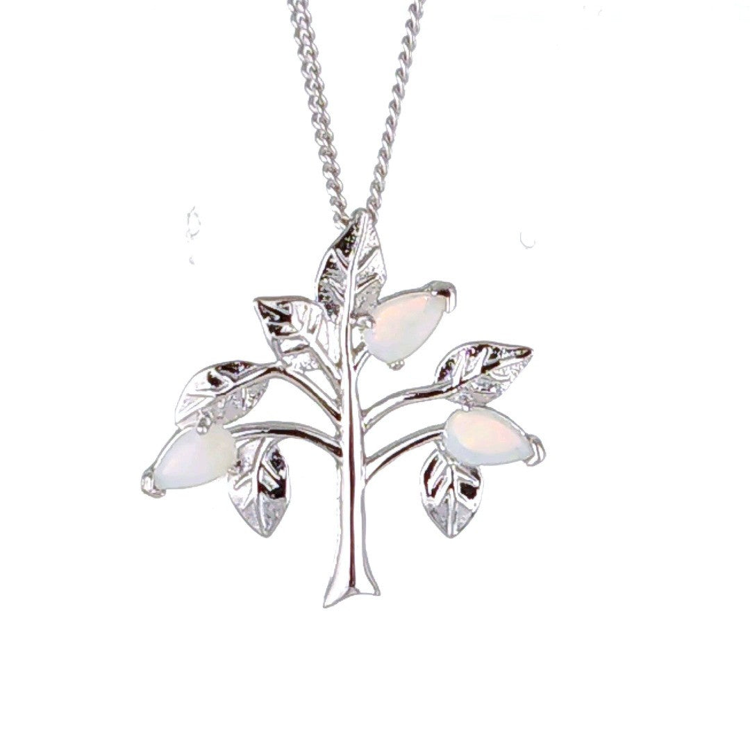 Opal Necklace Sterling Silver Tree of Life Pendant October Birthstone
