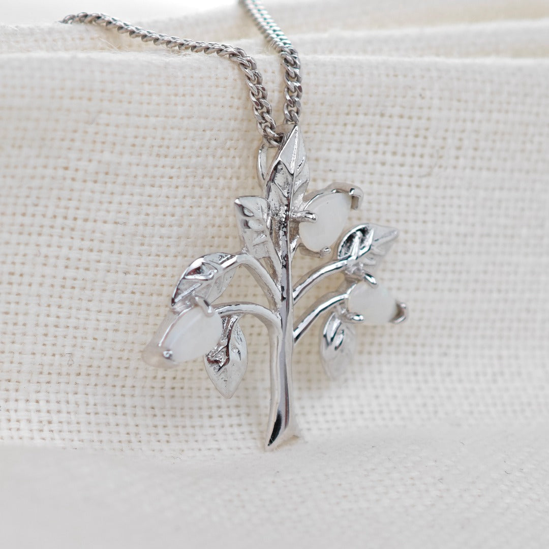 Opal Necklace Sterling Silver Tree of Life Pendant October Birthstone