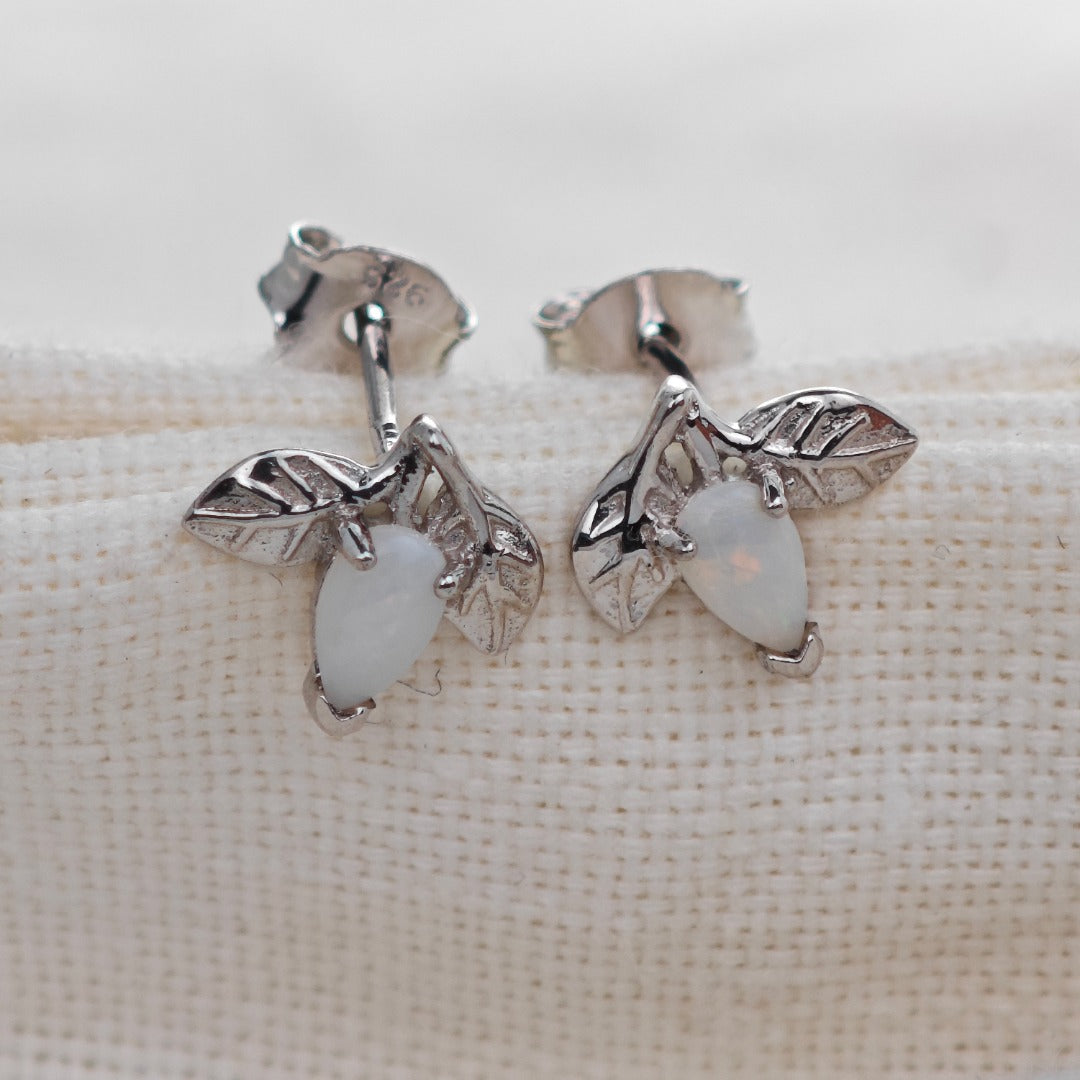 Opal Earrings Sterling Silver Leaf Studs October Birthstone