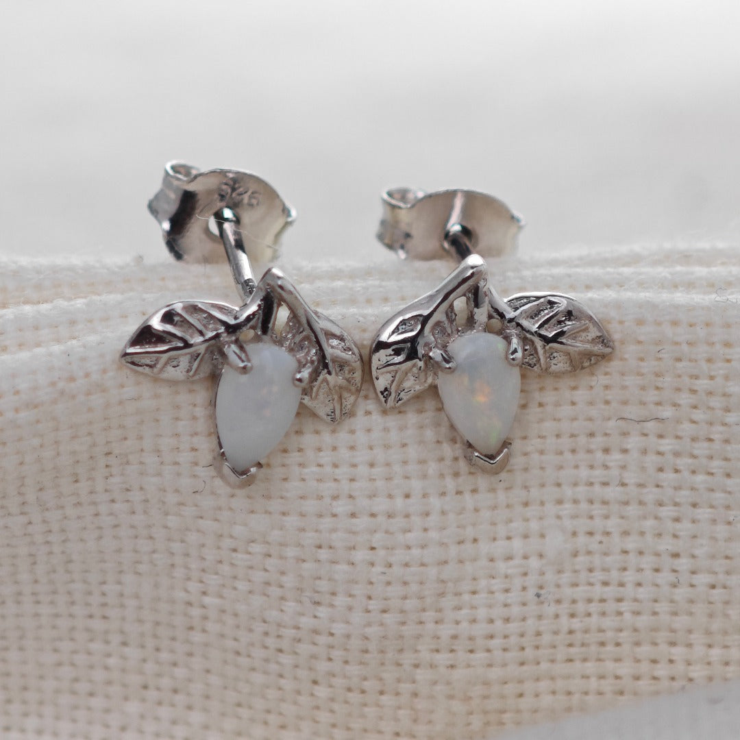 Opal Earrings Sterling Silver Leaf Studs October Birthstone