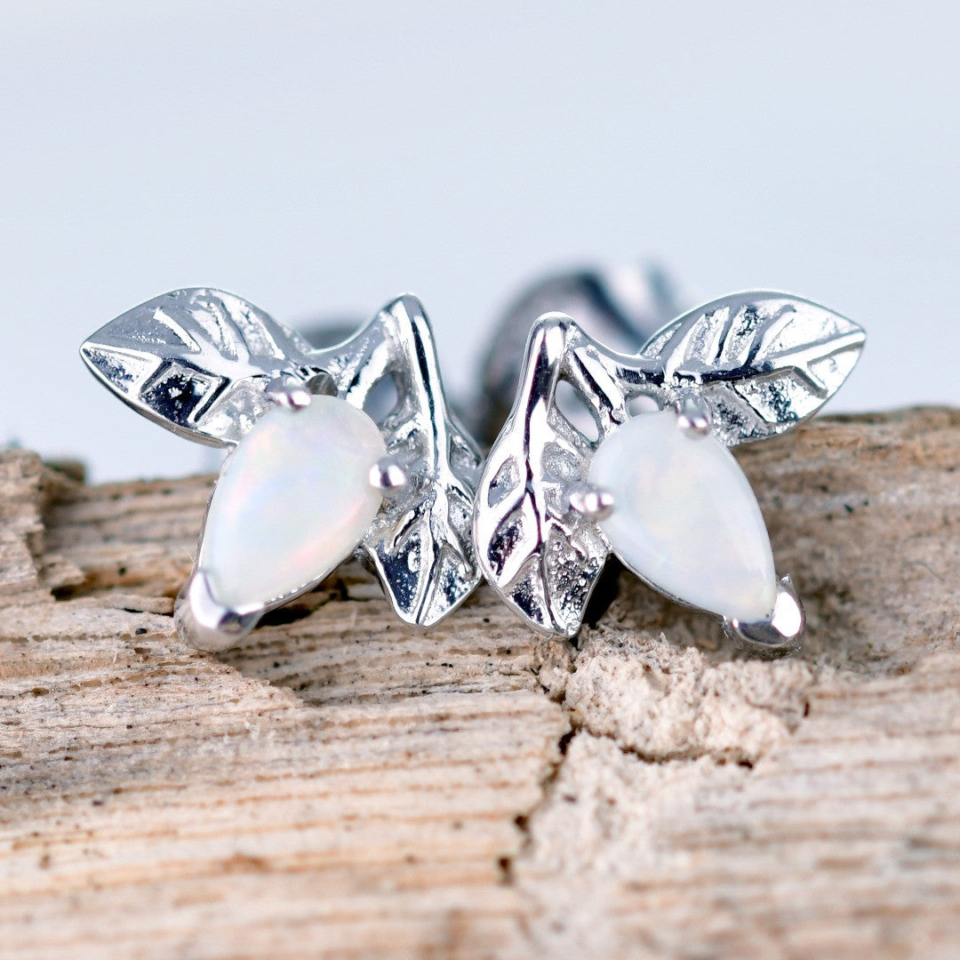 Opal Earrings Sterling Silver Leaf Studs October Birthstone