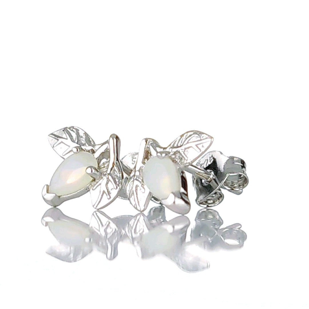 Opal Earrings Sterling Silver Leaf Studs October Birthstone