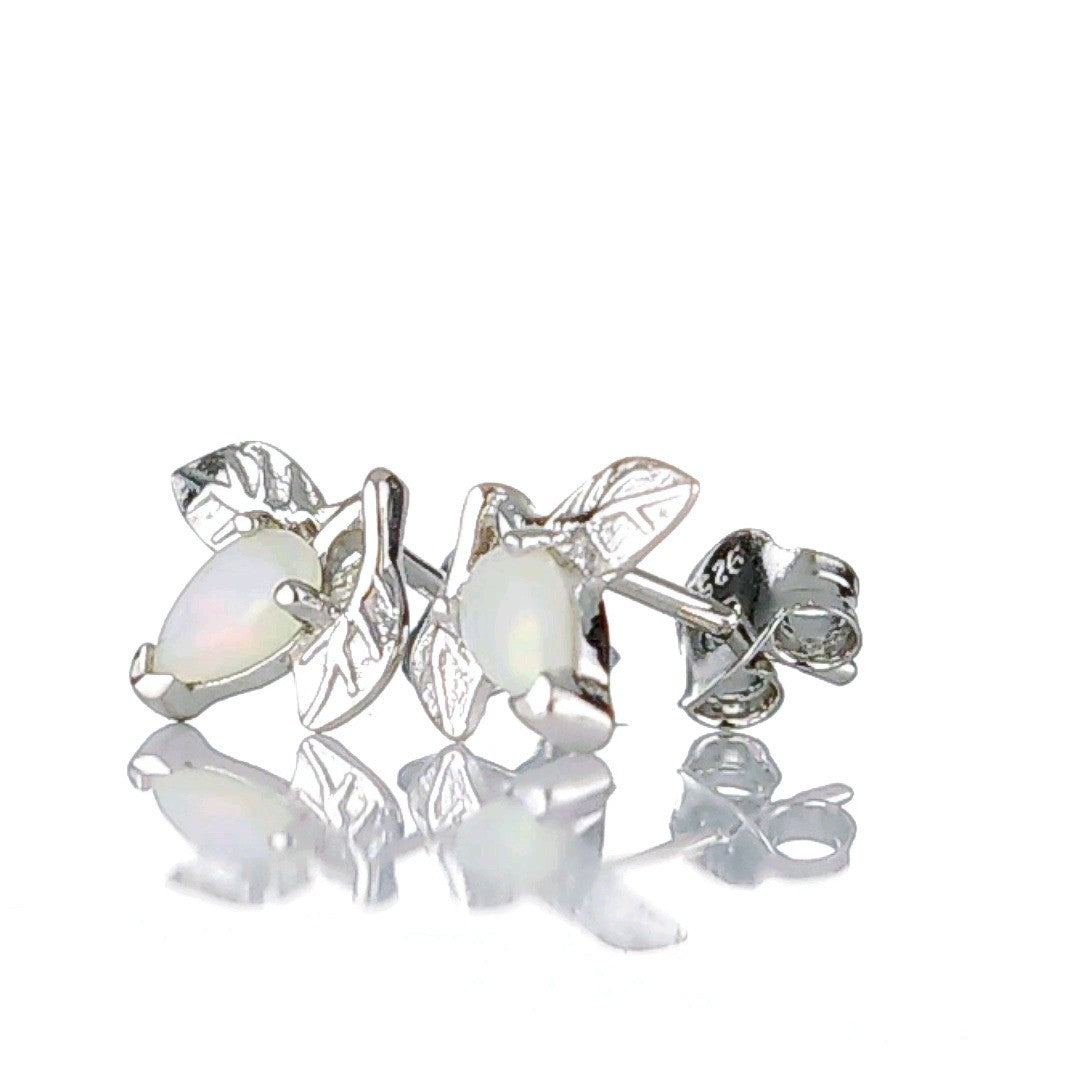 Opal Earrings Sterling Silver Leaf Studs October Birthstone