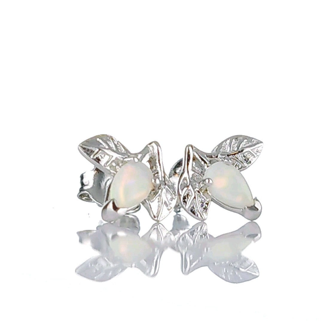 Opal Earrings Sterling Silver Leaf Studs October Birthstone