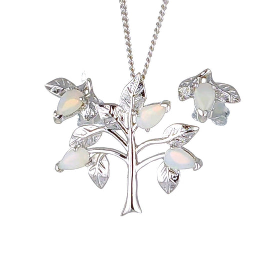Opal Necklace Earring Set Sterling Silver Tree of Life Leaves October Birthstone