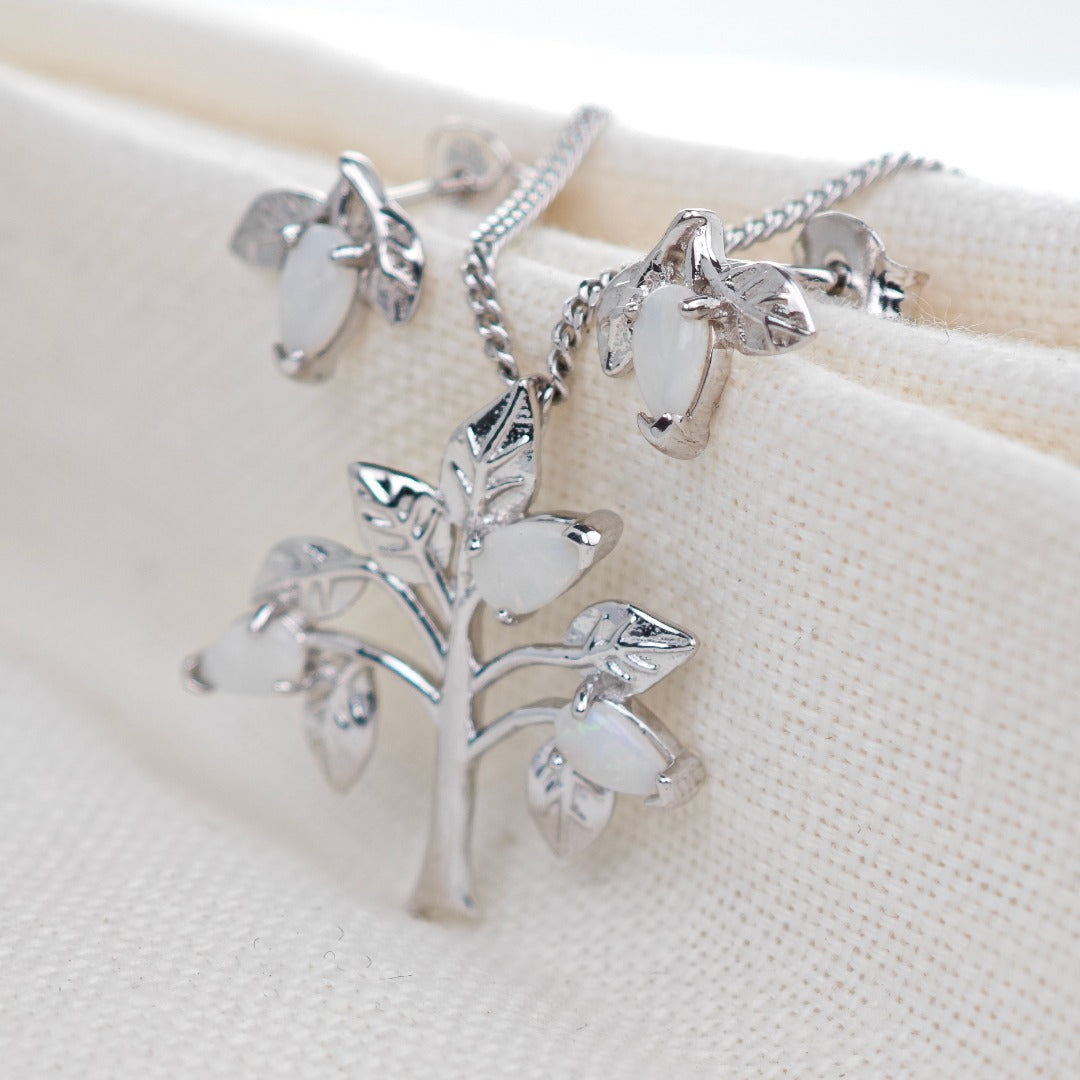 Opal Necklace Earring Set Sterling Silver Tree of Life Leaves October Birthstone