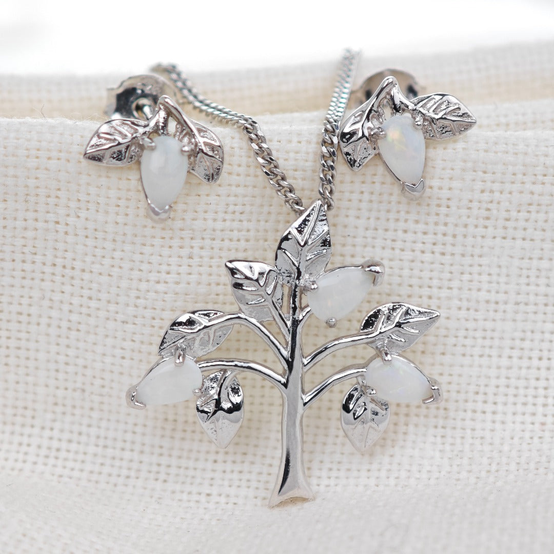 Opal Necklace Earring Set Sterling Silver Tree of Life Leaves October Birthstone