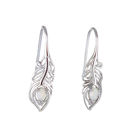 Sterling Silver Peacock Feather Dangle Earrings with Natural Australian White Opal