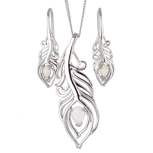 Feather Opal Necklace and Matching Opal Earrings Set