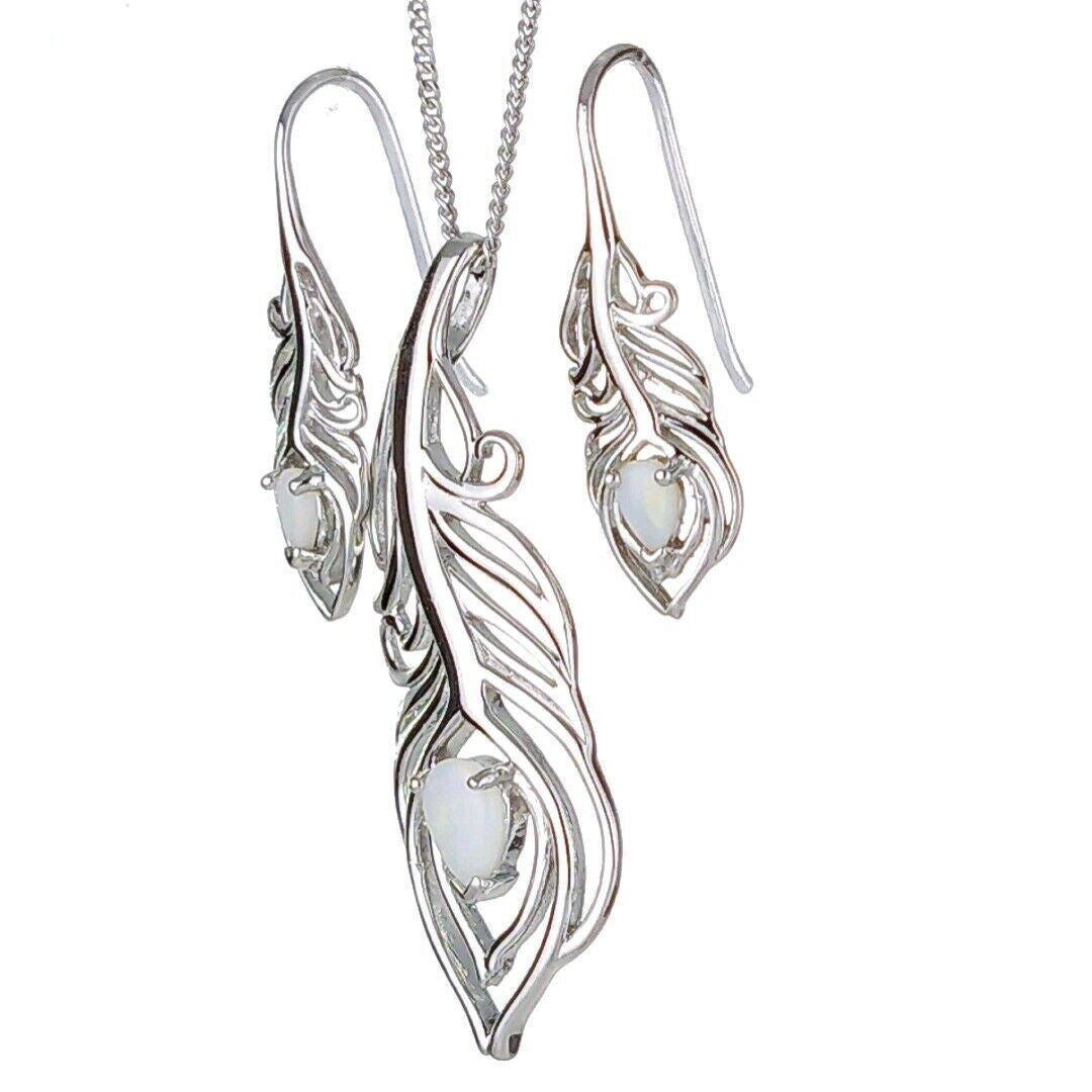 Opal Peacock Feather Jewellery Set in Sterling Silver