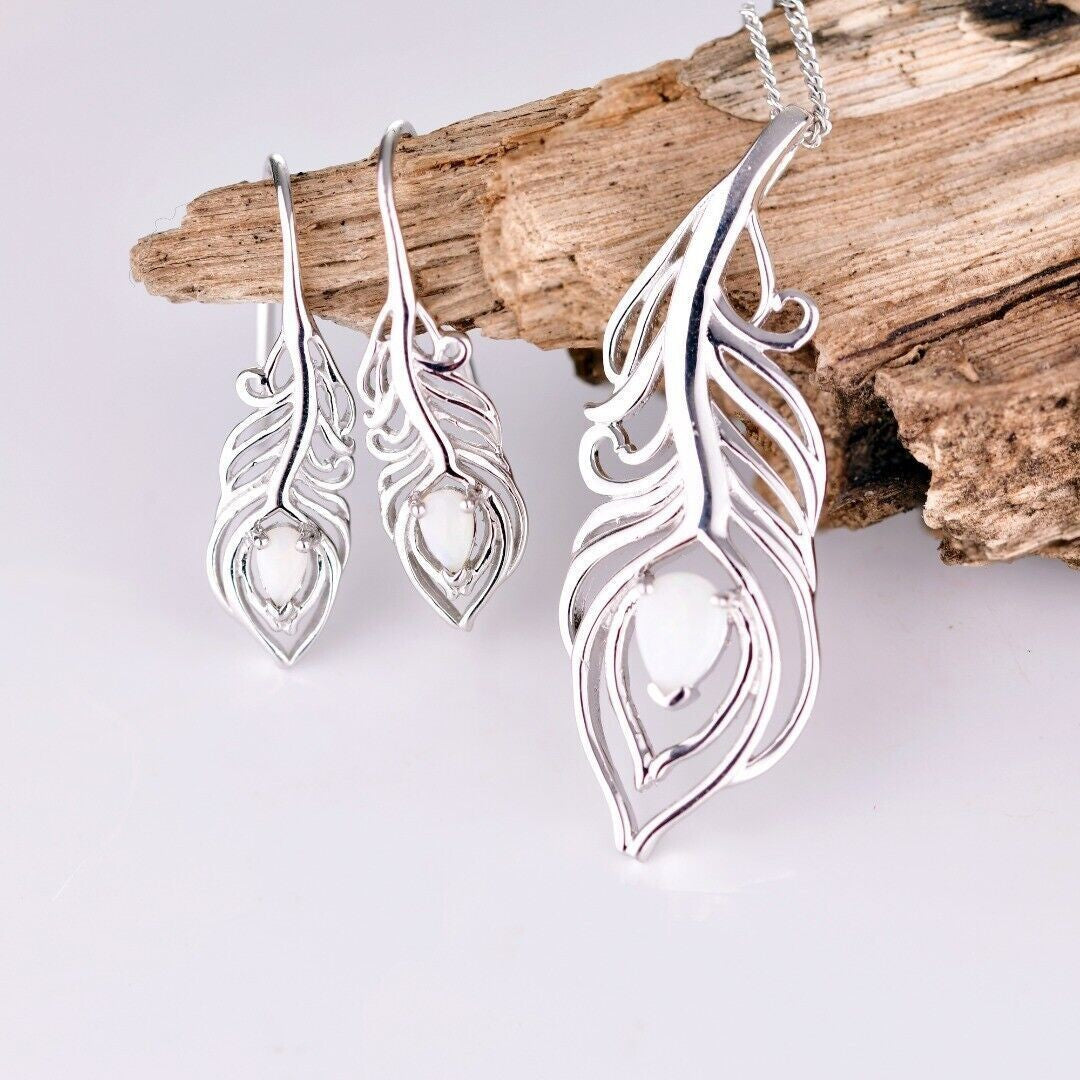 Opal Peacock Feather Jewellery Set in Sterling Silver