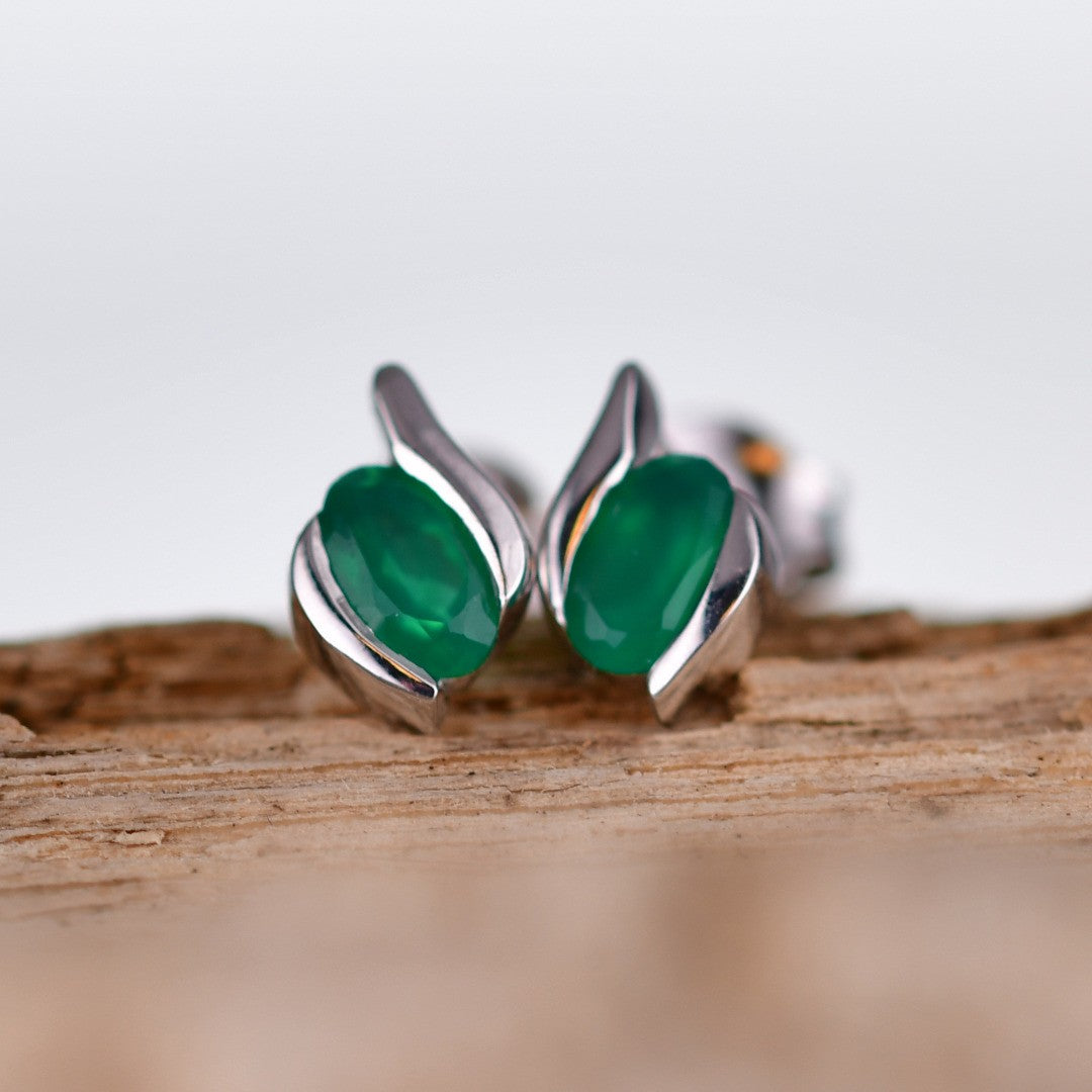 Green Onyx Oval Stud Earrings in Sterling Silver