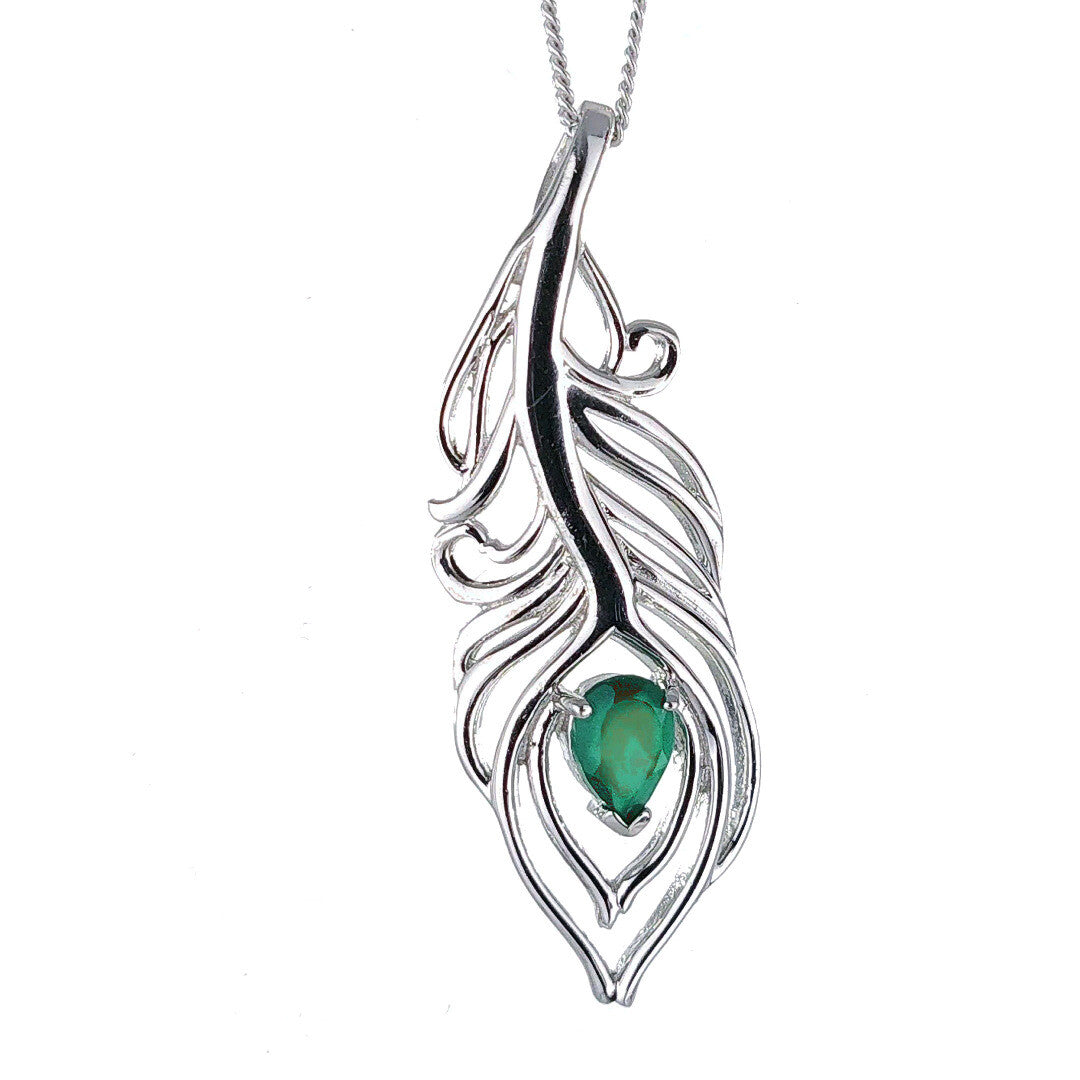 Green Onyx Peacock Feather Necklace in Sterling Silver