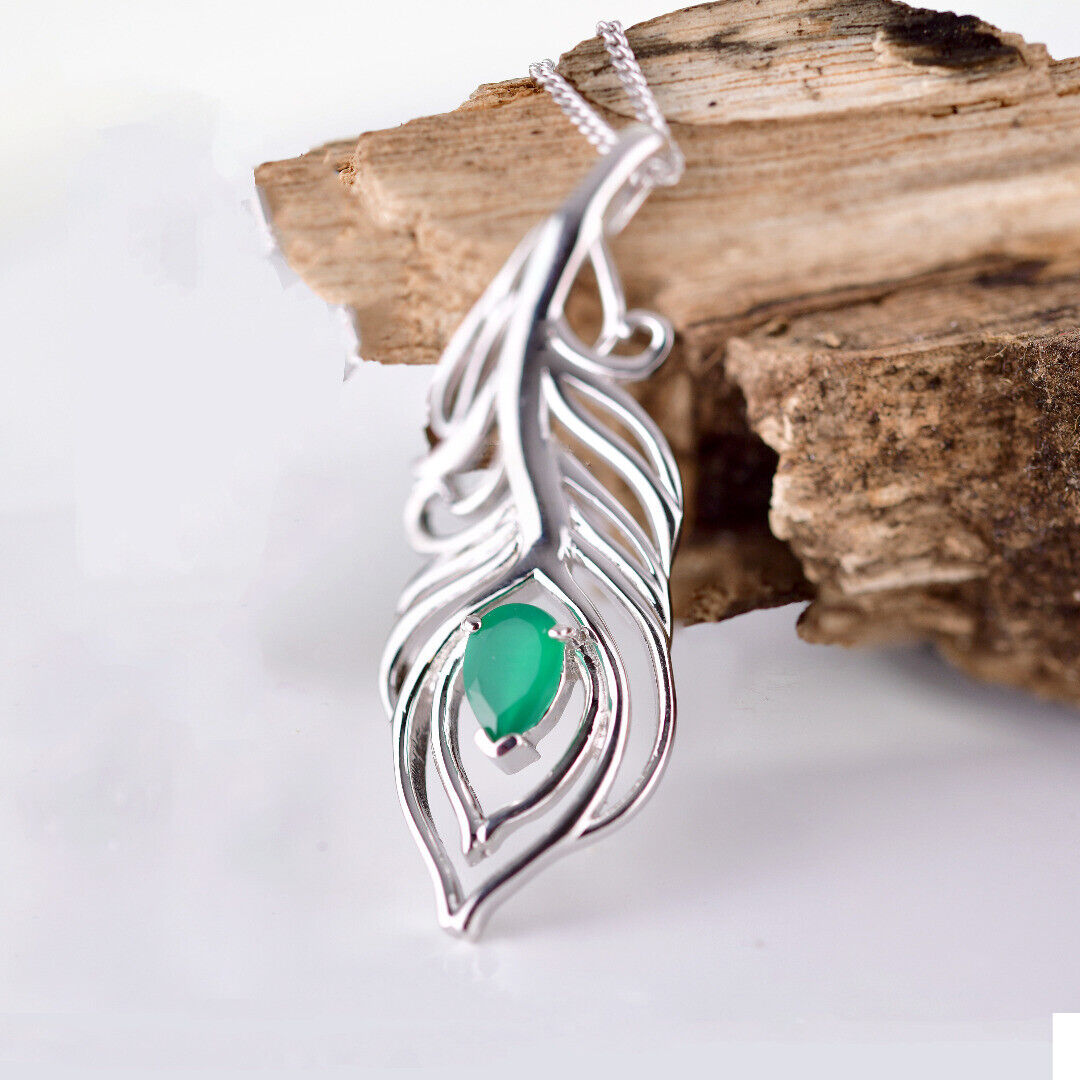 Green Onyx Peacock Feather Necklace in Sterling Silver