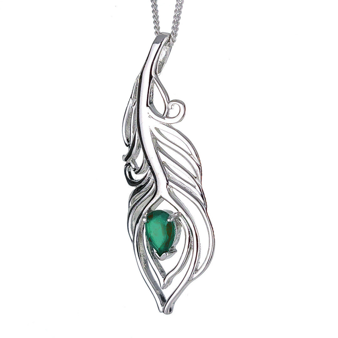 Green Onyx Peacock Feather Necklace in Sterling Silver