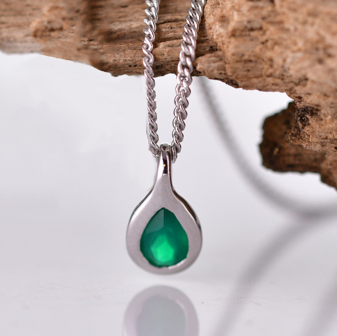 Green Onyx Pear Necklace in Sterling Silver