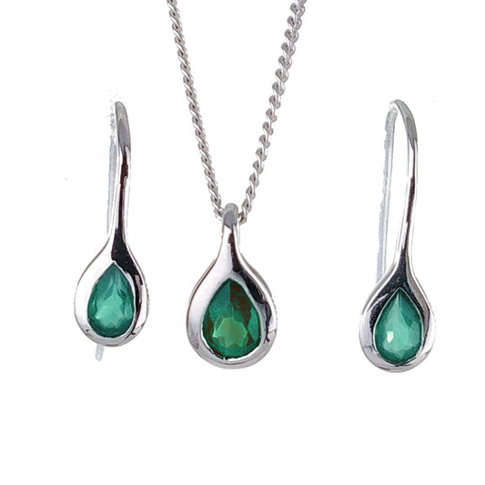 Sterling Silver Necklace Dangle Earring Set Onyx Green Pear Pendant May Birthstone