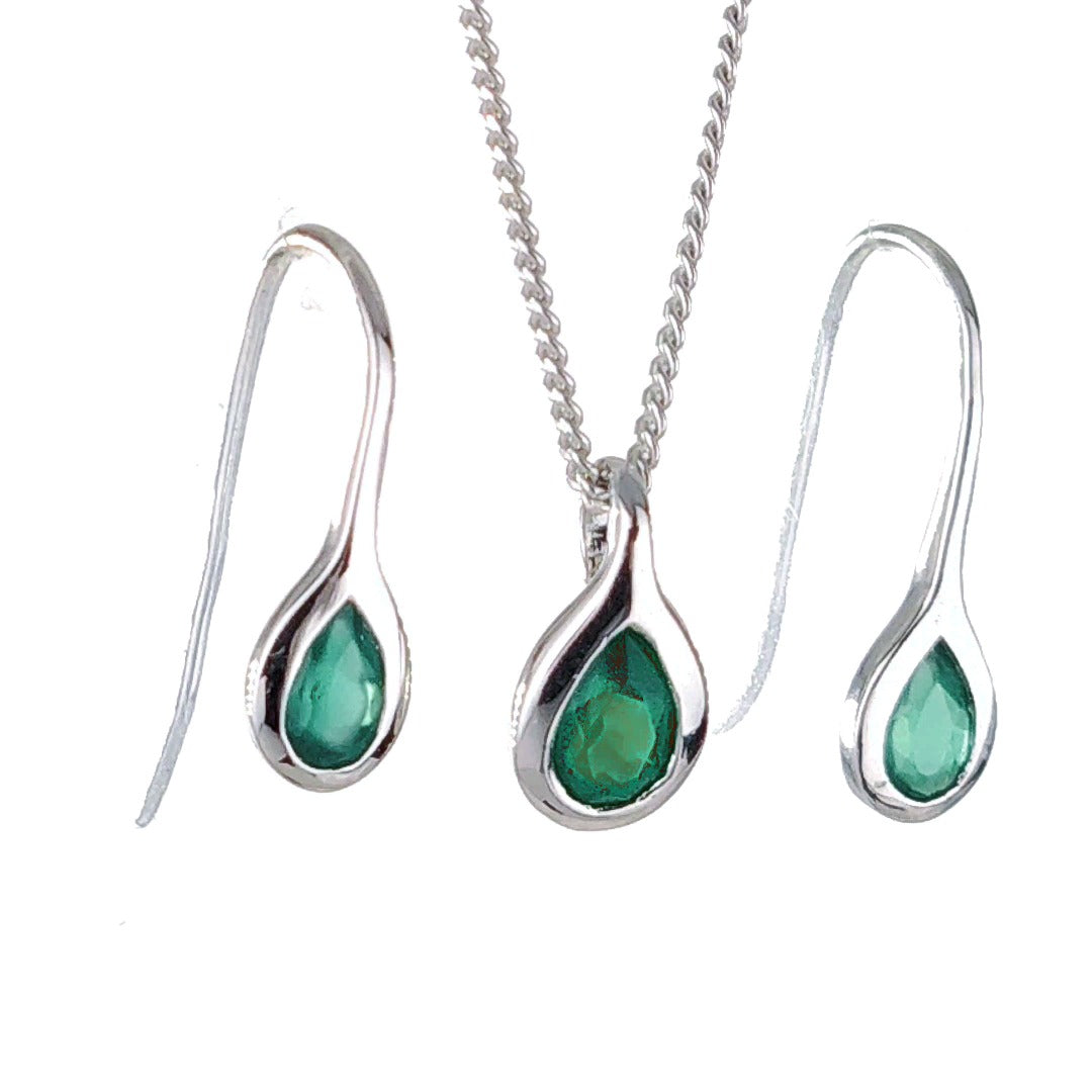 Sterling Silver Necklace Dangle Earring Set Onyx Green Pear Pendant May Birthstone