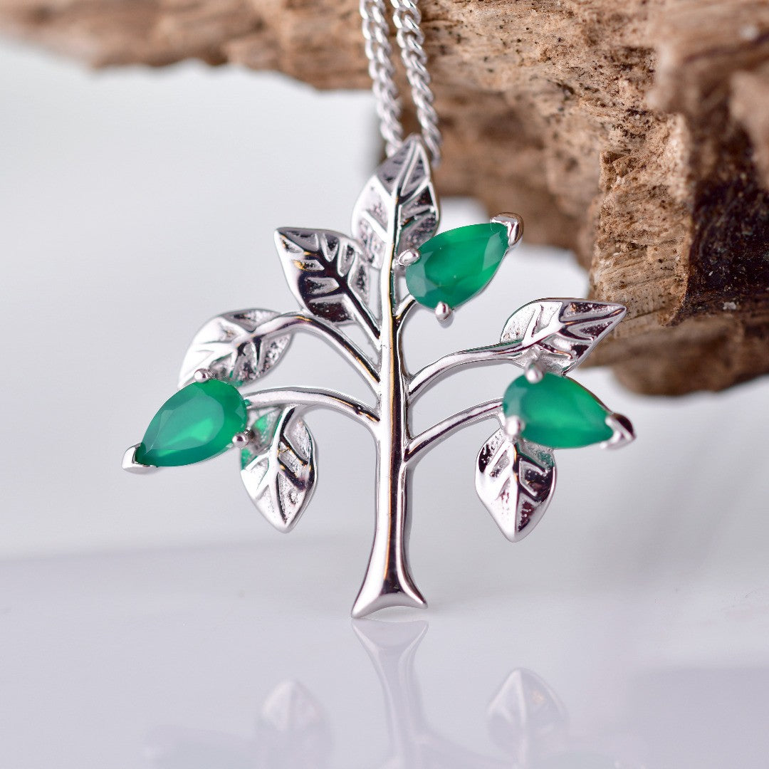 Green Onyx Tree of Life Necklace in Sterling Silver