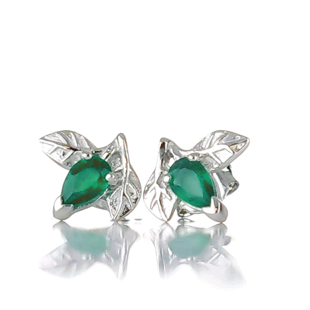 Onyx Green Earrings Sterling Silver Leaf Studs May Birthstone