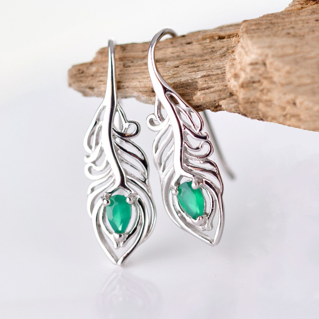 Sterling Silver Onyx Green Earrings Dangle Peacock Feather May Birthstone