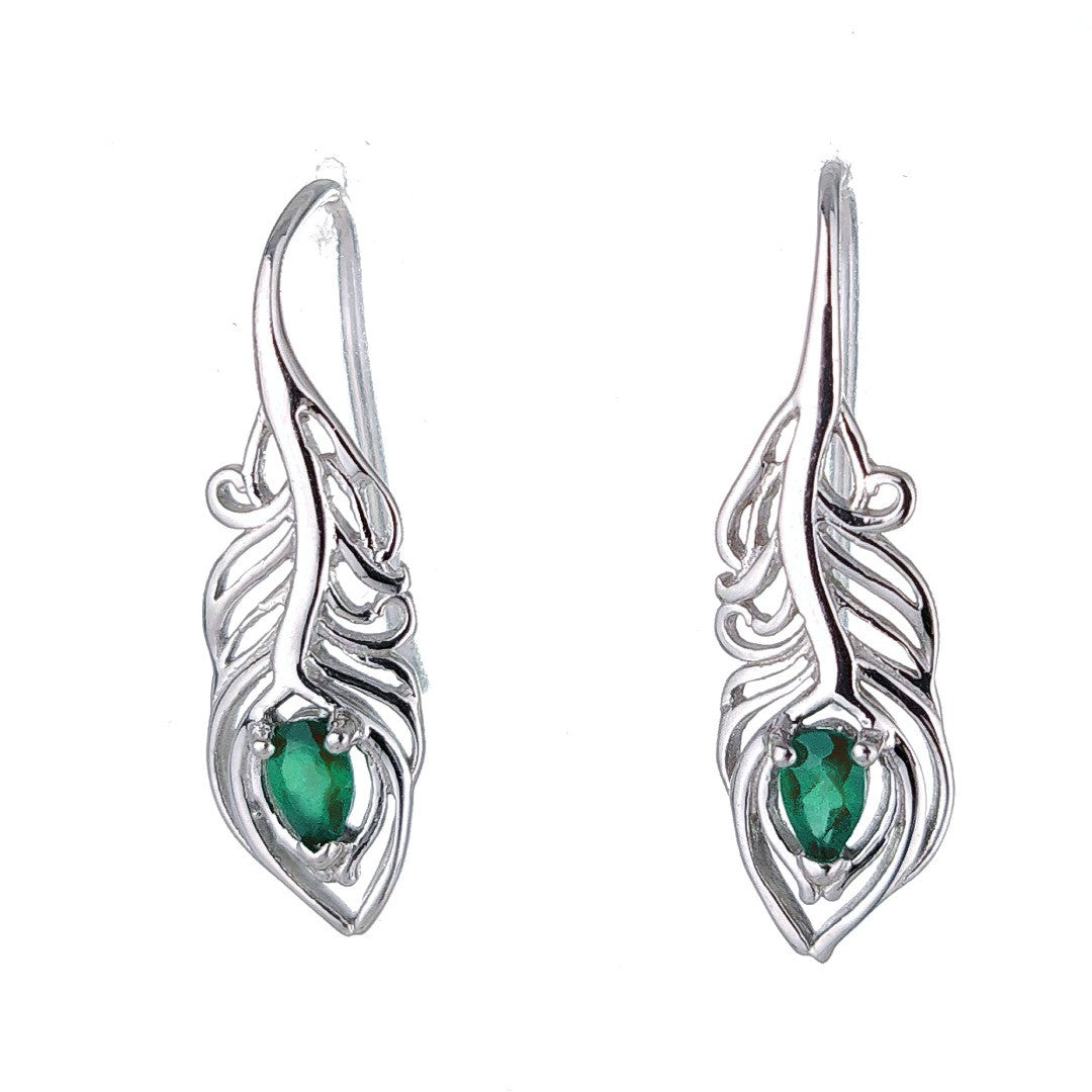 Sterling Silver Onyx Green Earrings Dangle Peacock Feather May Birthstone