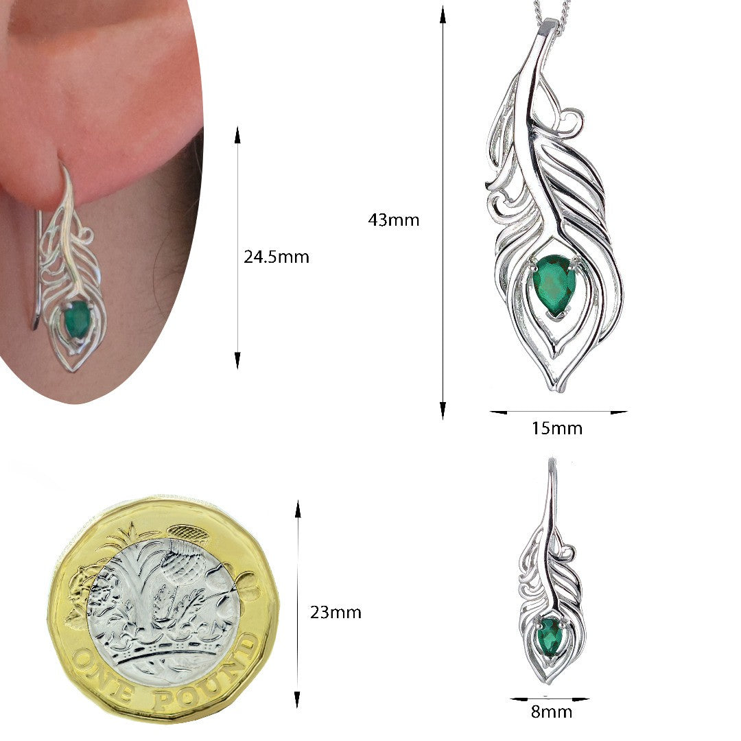 Sterling Silver Onyx Green Earrings Dangle Peacock Feather May Birthstone