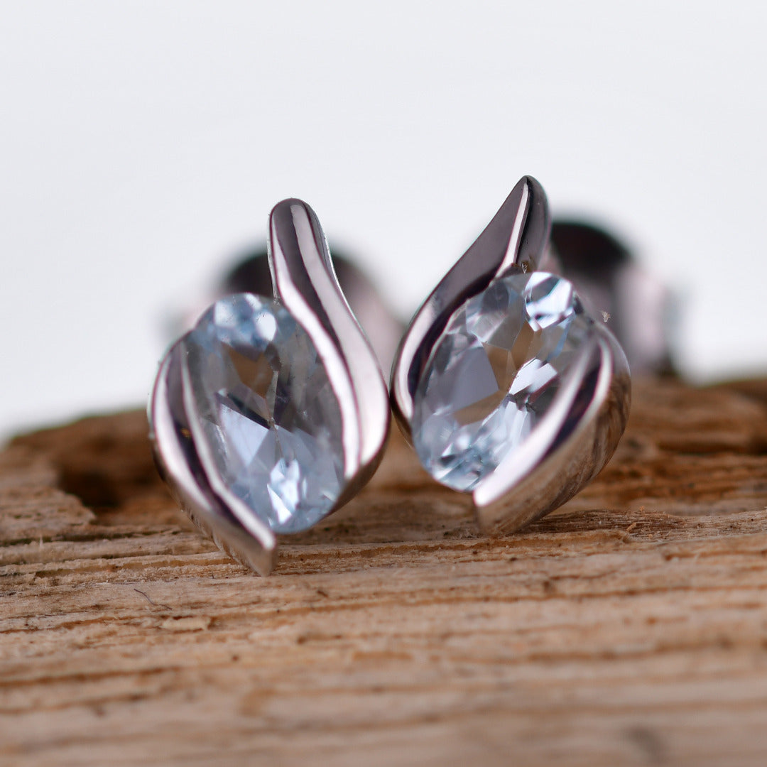 Sterling Silver Earrings Stud Aquamarine Oval Contemporary