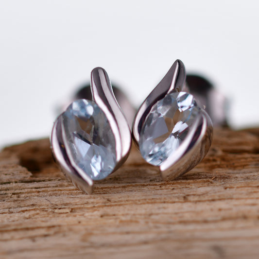 Sterling Silver Earrings Stud Aquamarine Oval Contemporary